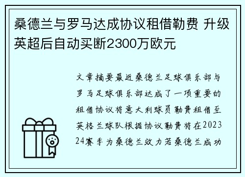 桑德兰与罗马达成协议租借勒费 升级英超后自动买断2300万欧元