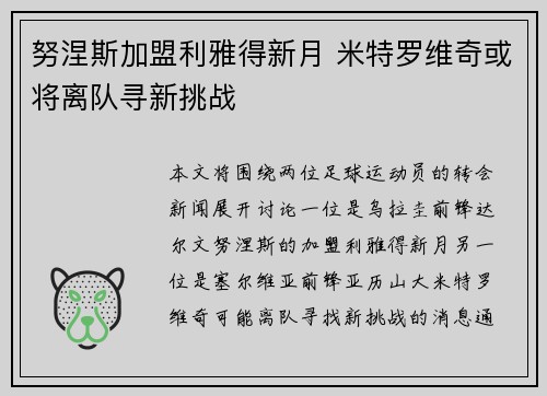 努涅斯加盟利雅得新月 米特罗维奇或将离队寻新挑战